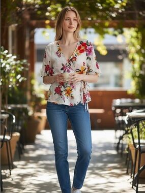 Old Navy White Floral Wrap Blouse with Pink & Yellow Flowers M Linen Summer